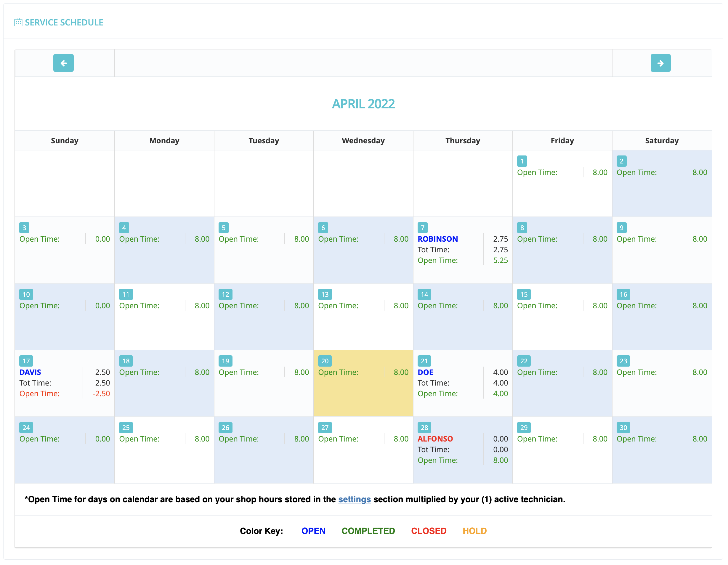 Dealership service department appointment calendar